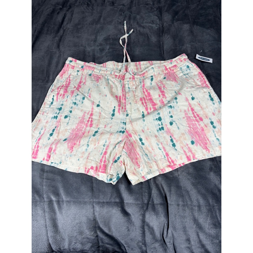 Old Navy Womens Tie Dye Linen Blend Lounge Shorts XL Pink Green White Drawstring